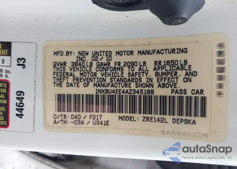 2010 Toyota Corolla S from USA, damaged, VIN 1NXBU4EE4AZ345188